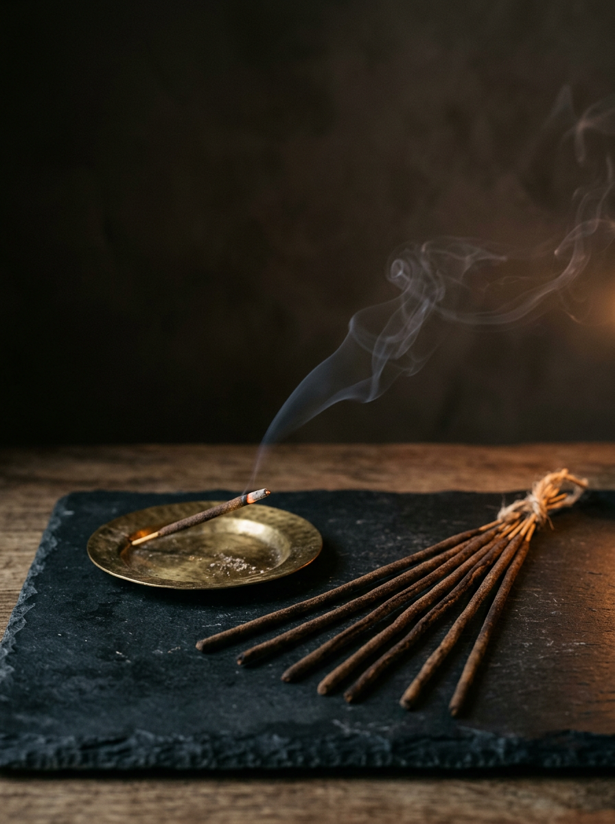 Incense sticks and brass tray on dark slate