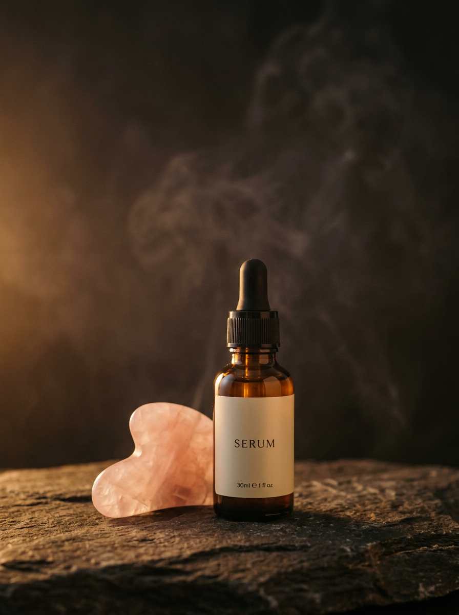 Amber dropper bottle and rose quartz gua sha on dark stone