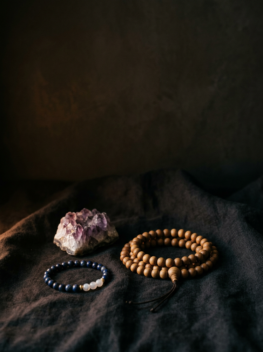 Gemstone bracelet and sandalwood mala beads on dark linen