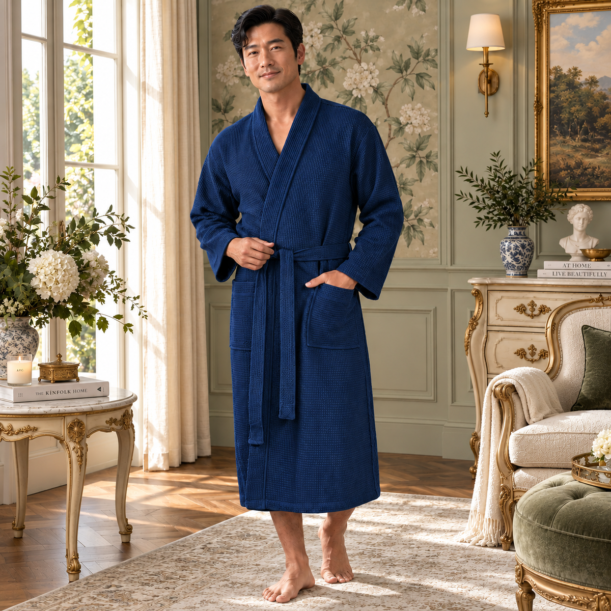 Waffle Spa Bathrobe for Men -  Absorbent, Lightweight