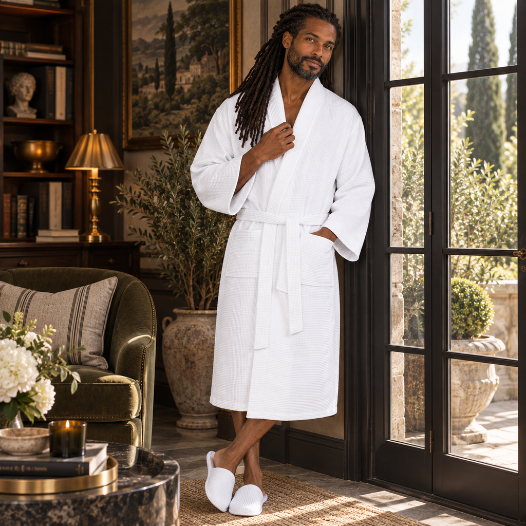 Waffle Spa Bathrobe for Men -  Absorbent, Lightweight