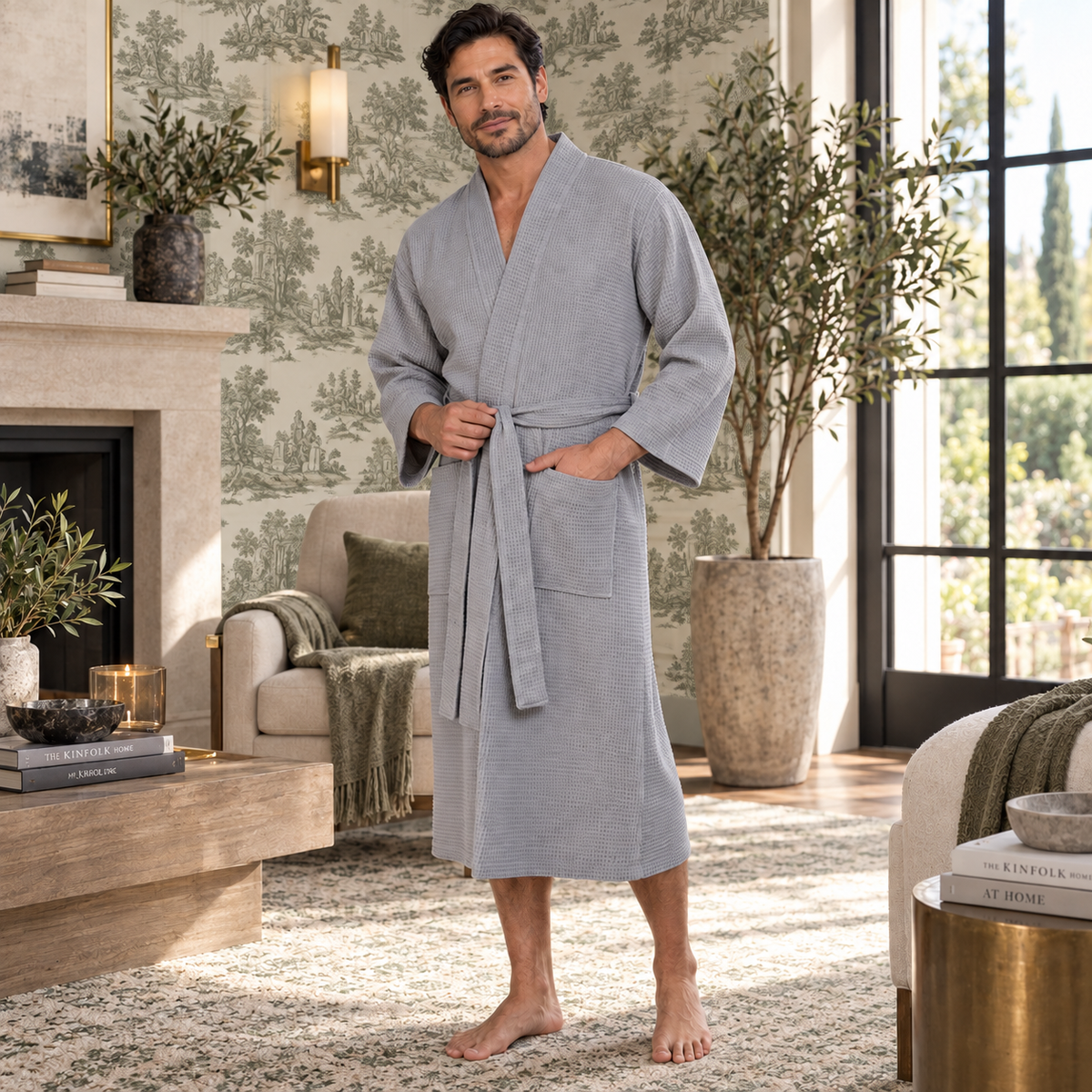 Waffle Spa Bathrobe for Men -  Absorbent, Lightweight