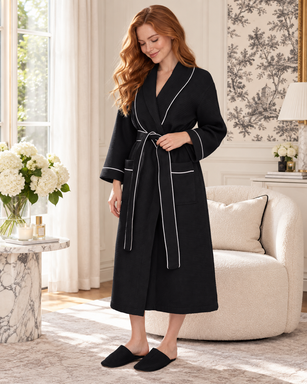 Women’s Waffle Piping Bathrobe – Lightweight Spa-Style Comfort