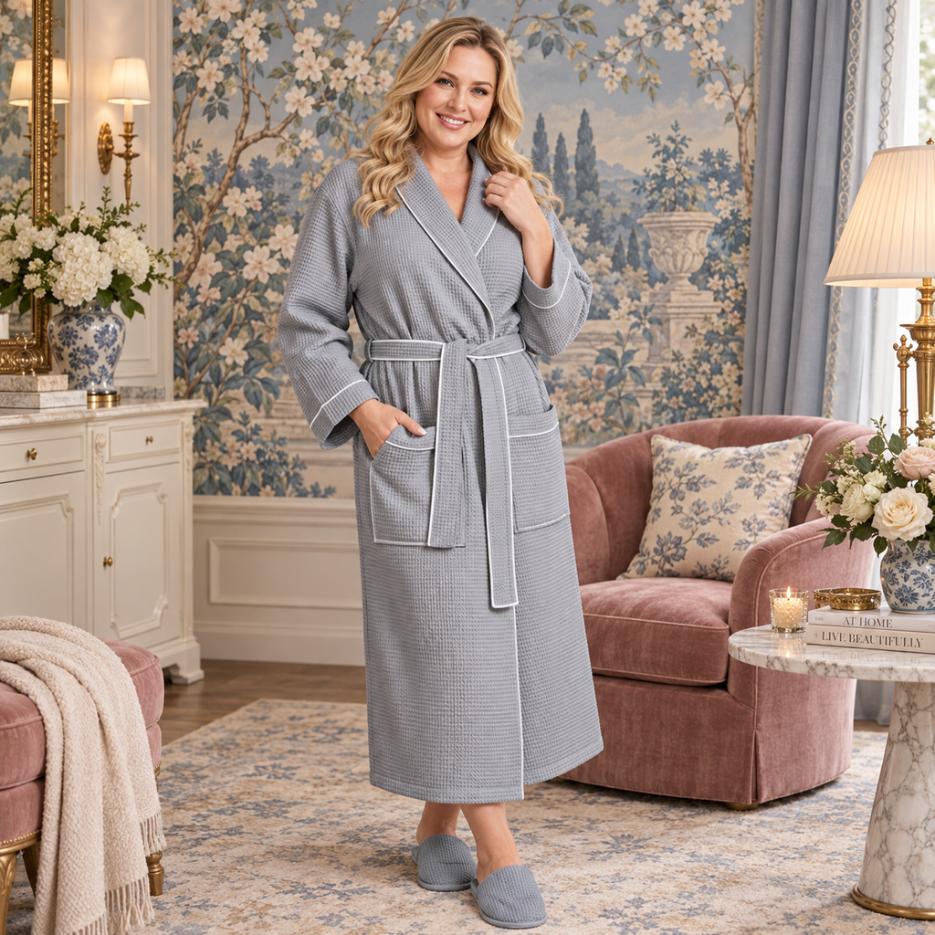 Women’s Waffle Piping Bathrobe – Lightweight Spa-Style Comfort