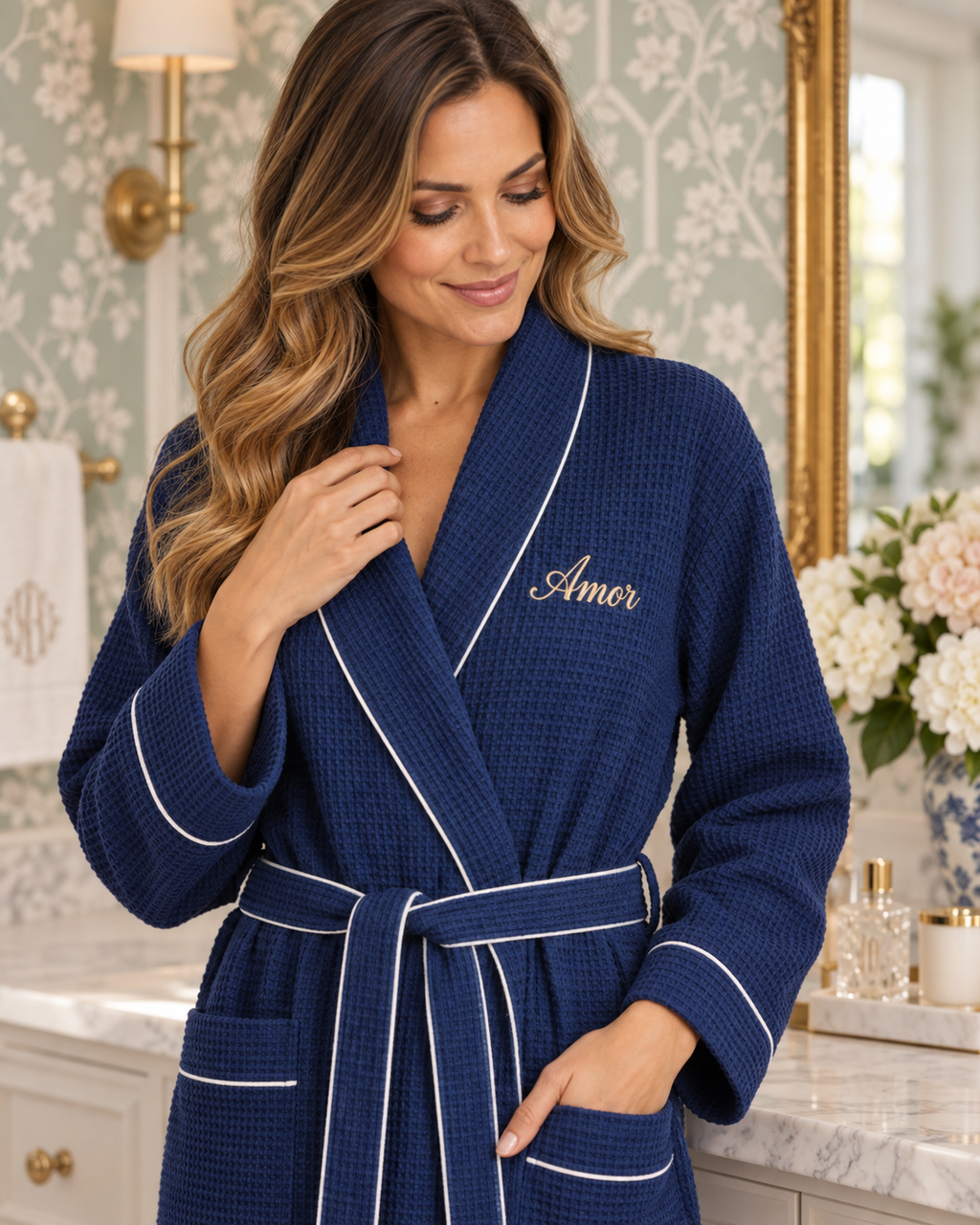 Women’s Waffle Piping Bathrobe – Lightweight Spa-Style Comfort