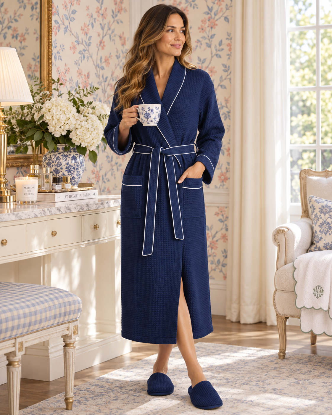 Women’s Waffle Piping Bathrobe – Lightweight Spa-Style Comfort
