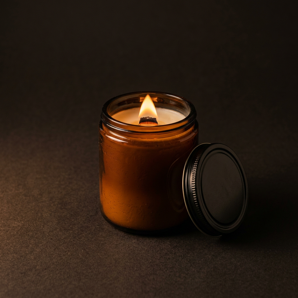 Amber jar soy candle with lit wood wick