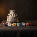 Seven raw chakra crystals with linen pouch
