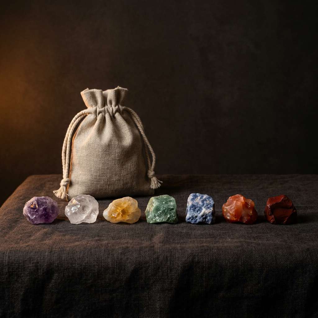 Seven raw chakra crystals with linen pouch