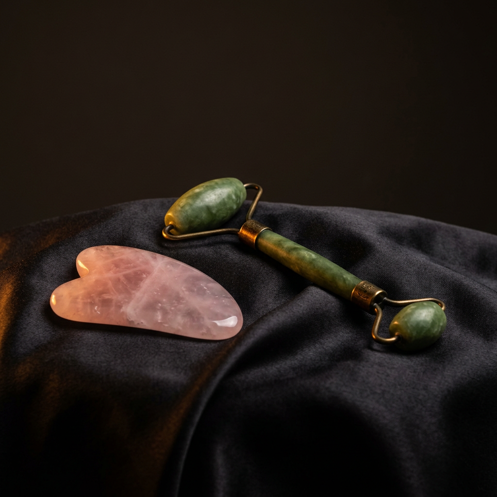 Rose quartz gua sha and jade roller set on silk