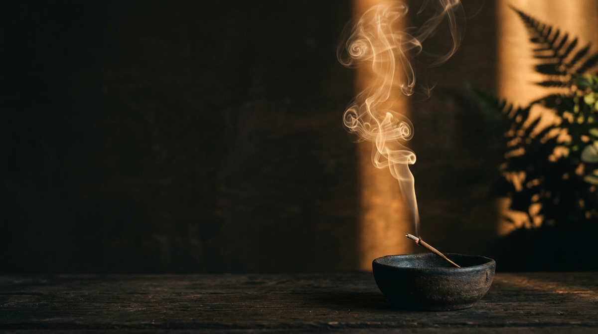 Incense smoke catching amber light in darkness, hero image