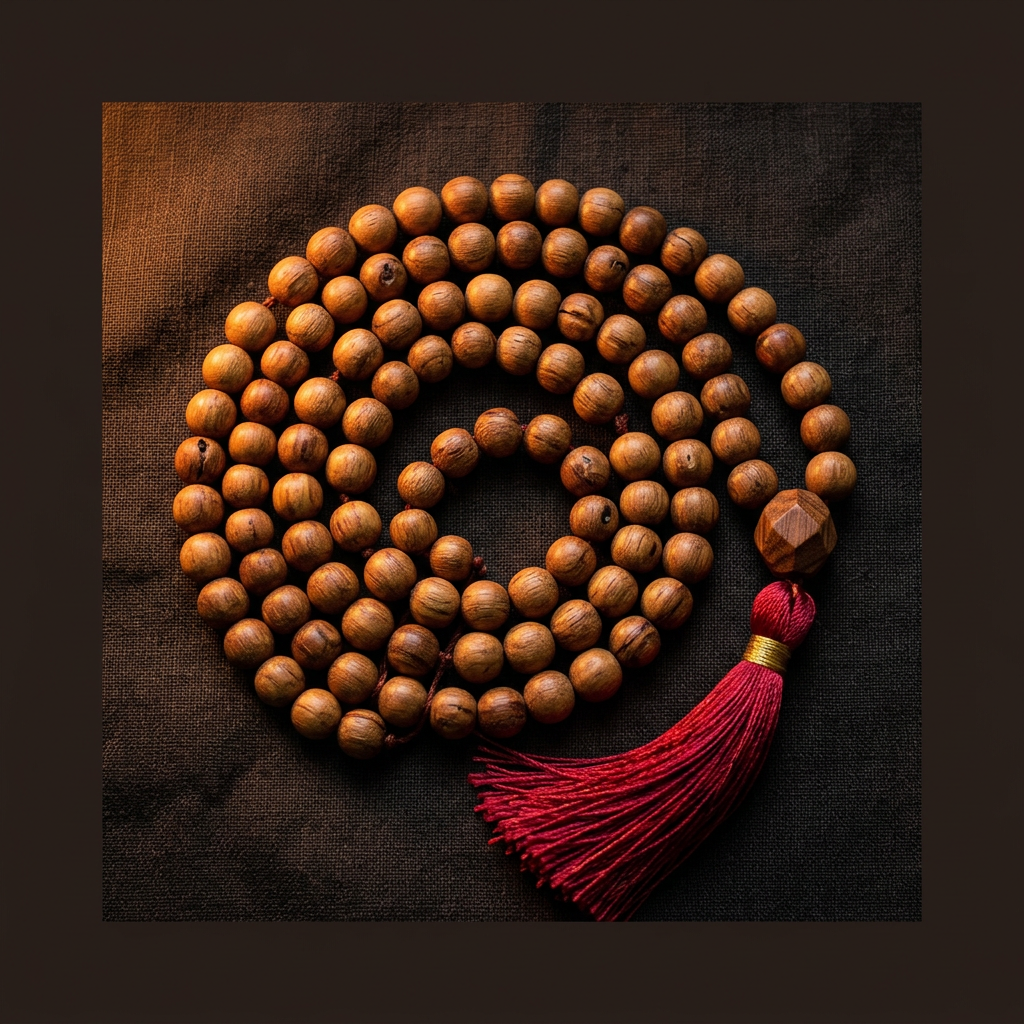 108 sandalwood mala beads with tassel on linen
