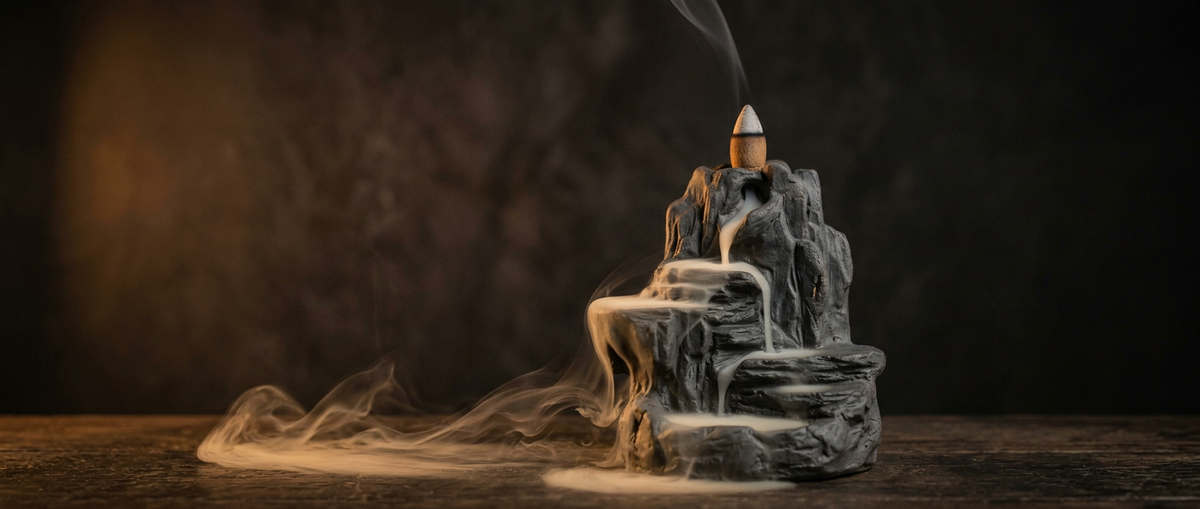 Smoke cascading over burner ledges, wide dark band photograph