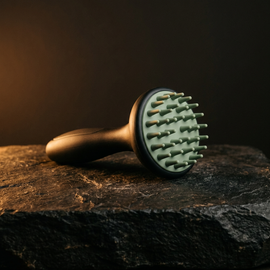 Silicone scalp massager brush on dark stone