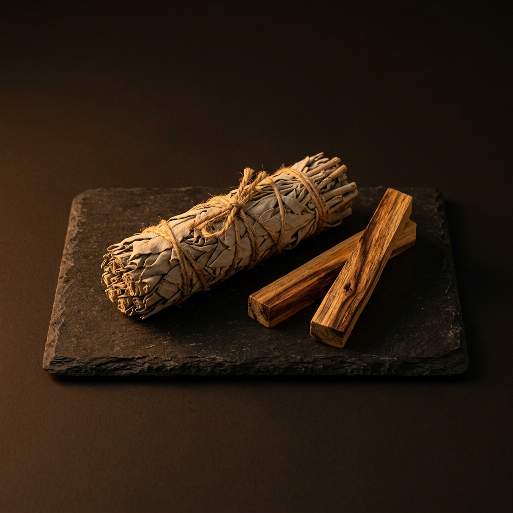 White sage and palo santo smudge bundle on slate