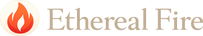 Ethereal Fire logo, flame emblem and cream serif wordmark